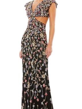 Mac Duggal black Embroidered Black Floral formal dress with cut outs.